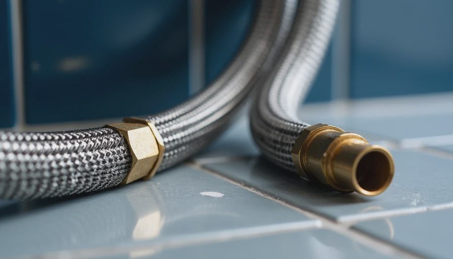 Braided stainless steel washing machine hose next to cracked rubber hose on utility tile