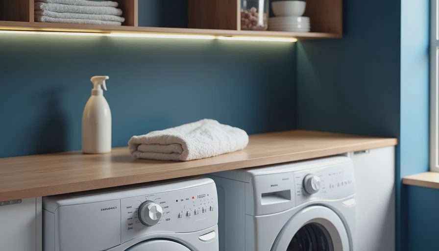 Close-up of laundry counter over machines with towels and detergent under LED light