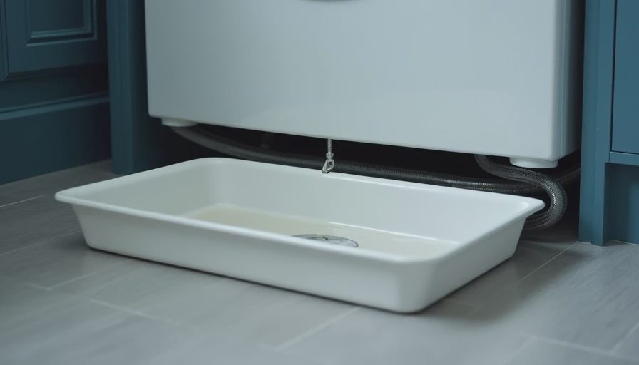 Drain pan under washing machine on vinyl floor with braided stainless steel hose