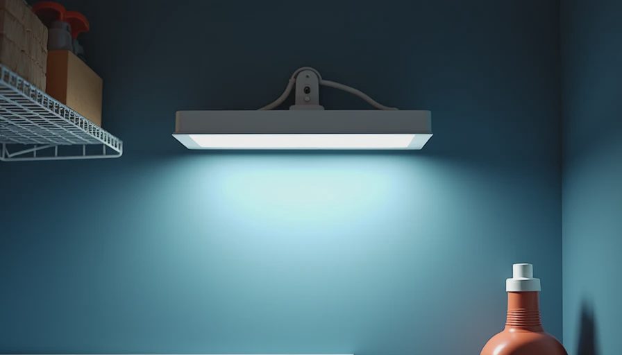 LED shop-light fixture mounted above washing machine providing even bright illumination