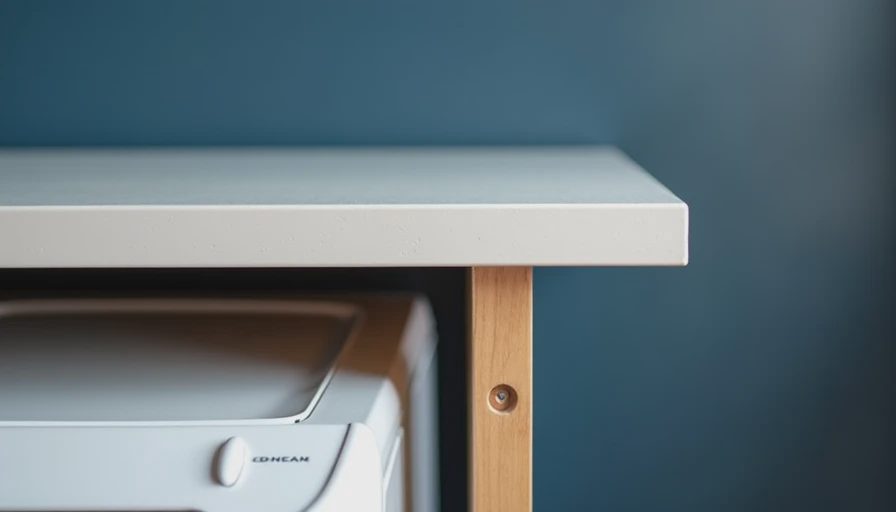 Close-up of laminate counter supported by wall ledger and front leg above washing machine