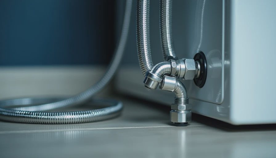 Braided stainless steel hoses connected to washing machine inlet valve with nearby water sensor