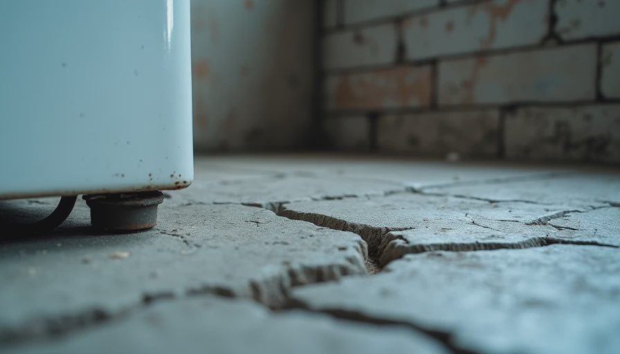 Cracked damp concrete floor and foundation wall behind old washing machine in unfinished basement