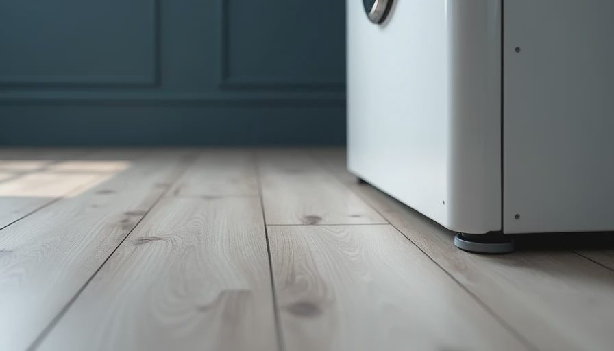 Close-up of luxury vinyl plank flooring in laundry room with washing machine foot and drain pan edge
