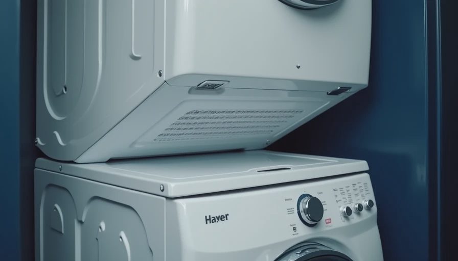 Close-up of stacked dryer on washer showing stacking kit and compressed dryer vent elbow