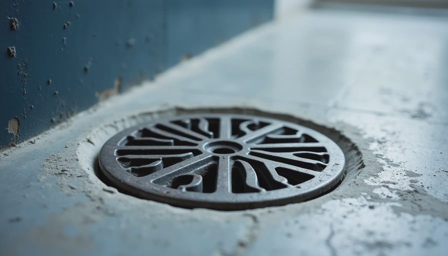 Clean floor drain in pitched concrete near a laundry drain pan