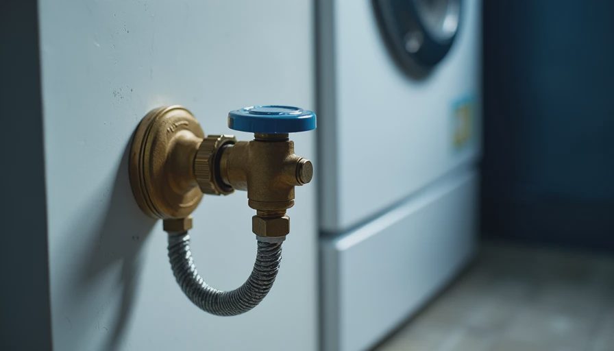 Close-up of accessible laundry shut-off valves, braided hoses and floor water sensor