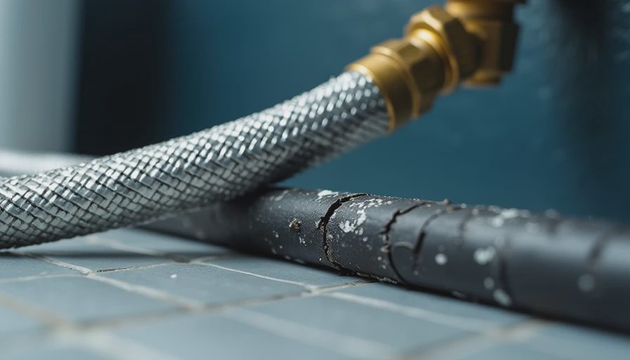 Comparison of cracked rubber washing machine hose next to braided stainless steel hose on utility floor