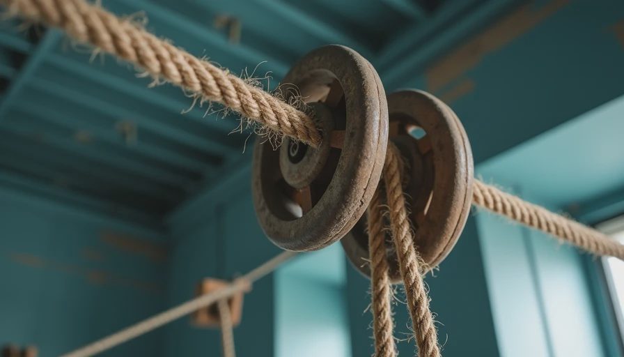 Close-up of worn ceiling pulley clothesline system with dusty ropes and pulleys