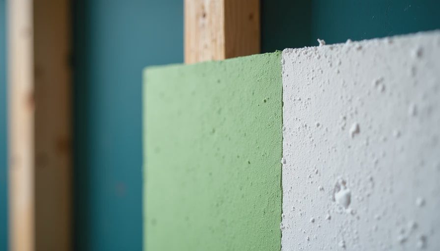 Close-up comparison of green moisture-resistant drywall next to standard drywall on wood studs