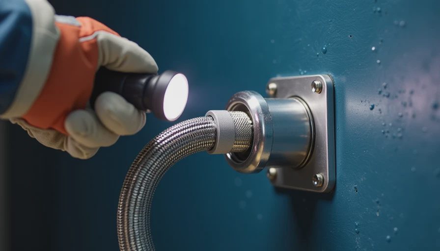 Close-up inspection of braided washing machine hose and shut-off valve with flashlight