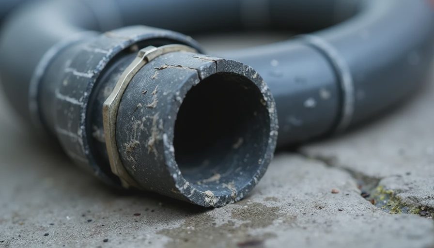 Close-up of cracked and failed rubber washing machine hose on damp concrete